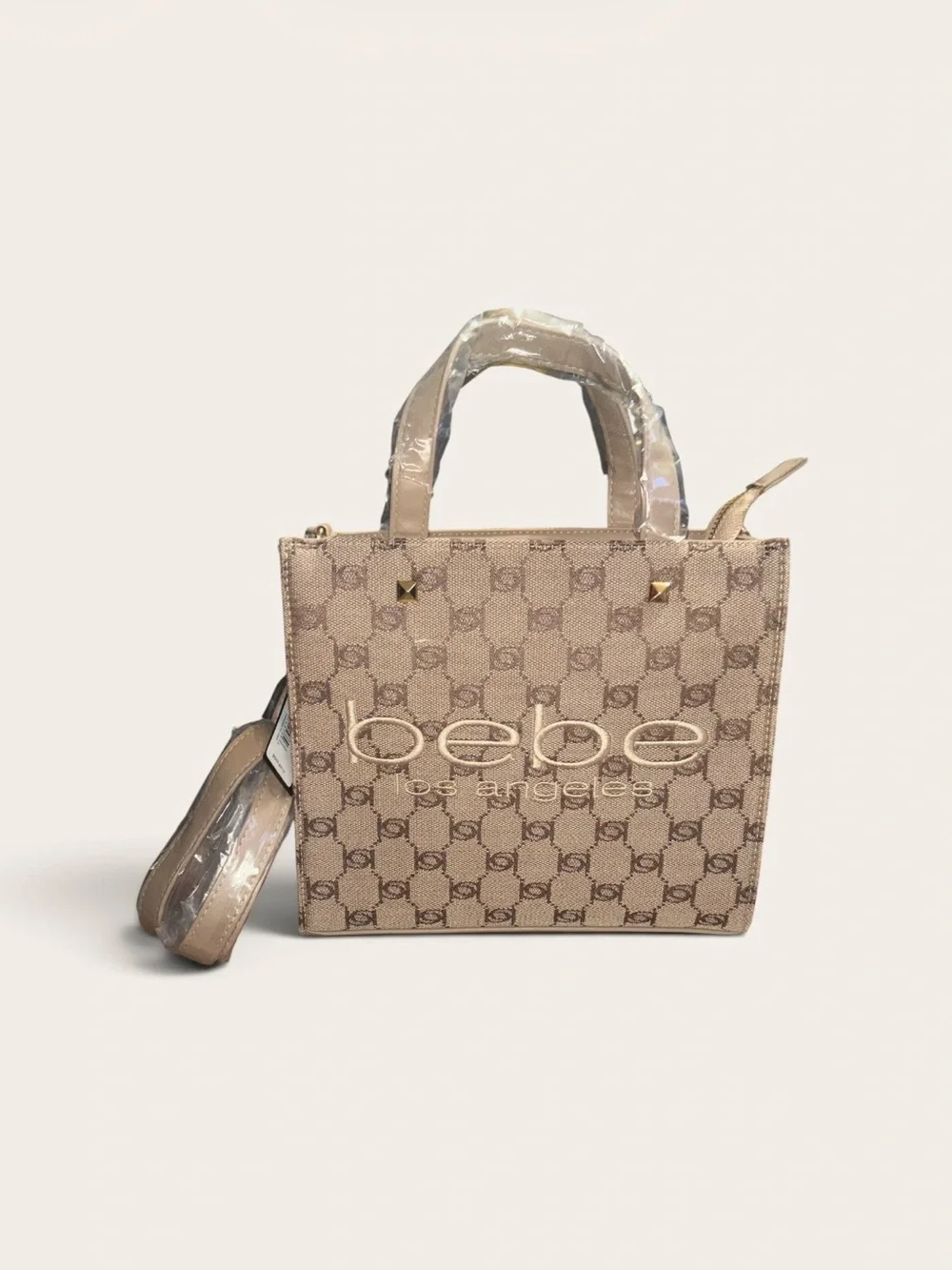 bebe Beige Signature Logo Satchel with Detachable Strap
